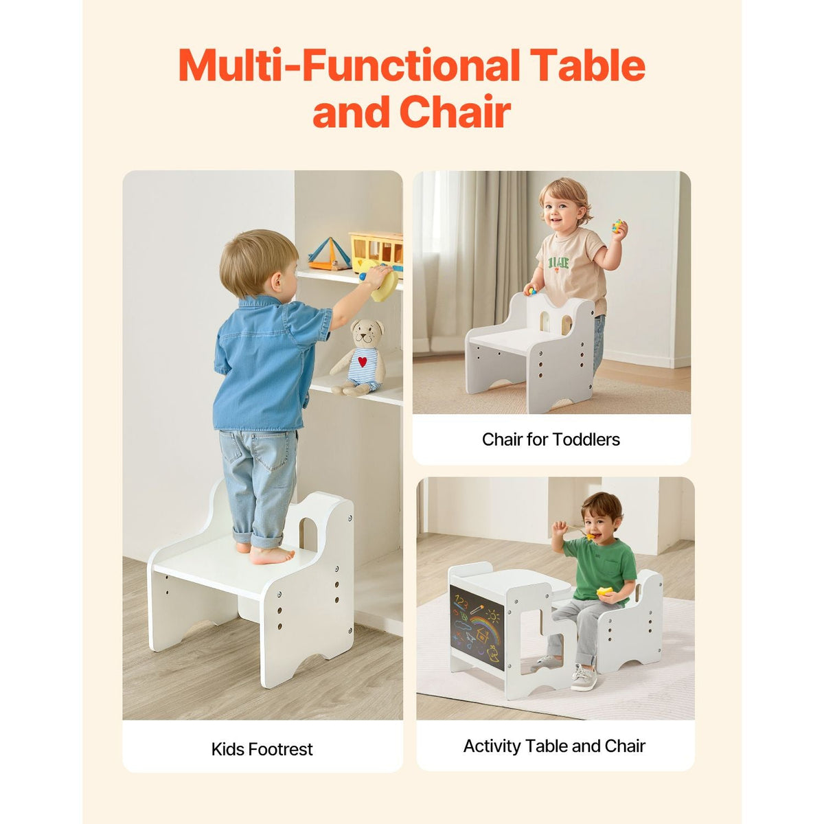 Montessori Weaning Table and Chair Set, 3 In 1 Wooden Toddler Table and Chairs with Chalkboard, Adjustable Height Montessori Table for Ages 1-5, Ideal for Drawing, Reading, Eating - White