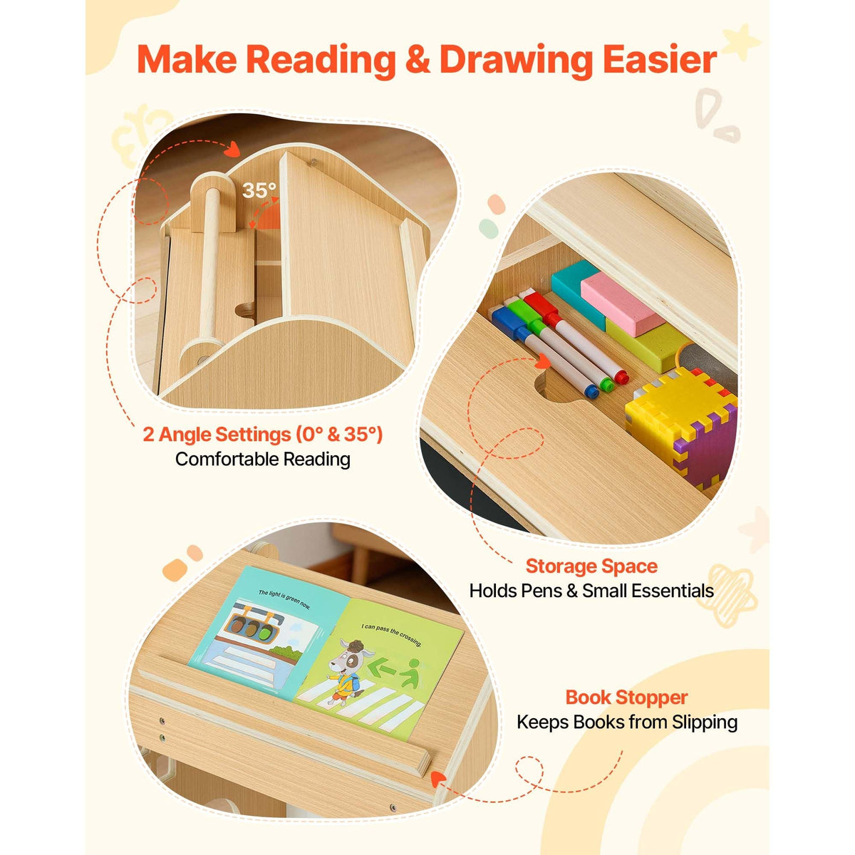 Montessori Weaning Table and Chair Set, Wooden, 3 in 1 Kids Table and Chair Set for Toddlers 1-5, with Detachable Chalkboard, 0°& 35°Angles, Easy to Clean, for Eating Drawing Reading Playing