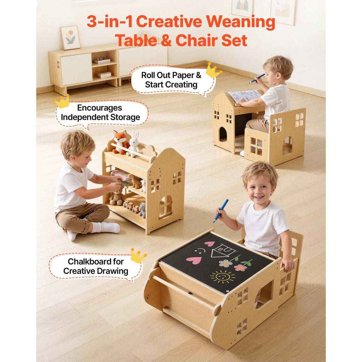 Montessori Weaning Table and Chair Set, Wooden, 3 in 1 Kids Table and Chair Set for Toddlers 1-5, with Detachable Chalkboard, 0°& 35°Angles, Easy to Clean, for Eating Drawing Reading Playing