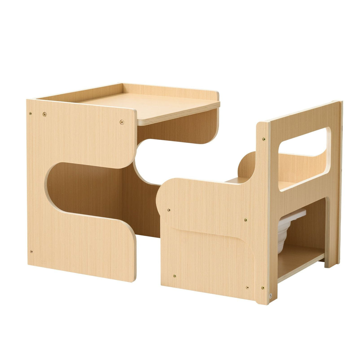 Montessori Weaning Table and Chair Set, Wooden, Kids Table and Chair Set for Toddlers 1-5, Step Stool with Blackboard and Storage Space, Easy to Clean, for Eating, Drawing, Reading, Playing