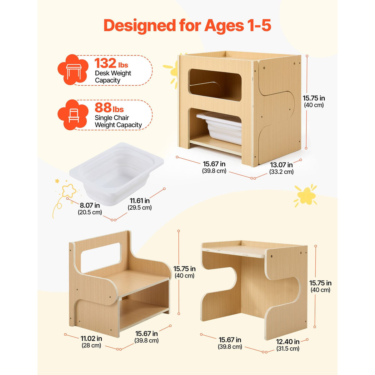 Montessori Weaning Table and Chair Set, Wooden, Kids Table and Chair Set for Toddlers 1-5, Step Stool with Blackboard and Storage Space, Easy to Clean, for Eating, Drawing, Reading, Playing