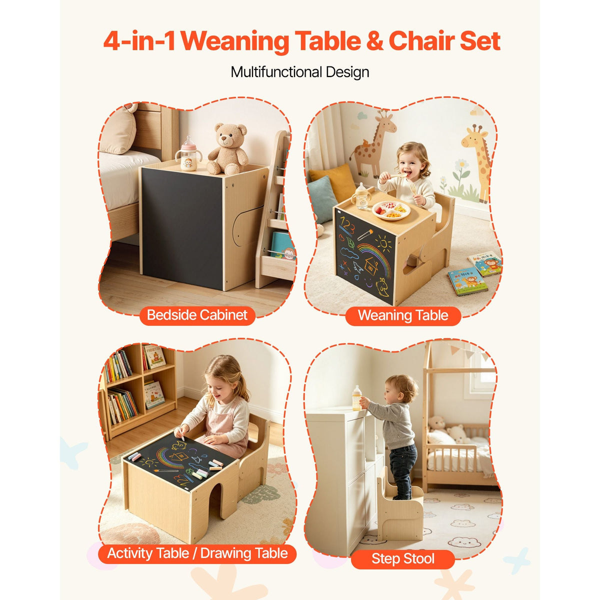 Montessori Weaning Table and Chair Set, Wooden, Kids Table and Chair Set for Toddlers 1-5, Step Stool with Blackboard and Storage Space, Easy to Clean, for Eating, Drawing, Reading, Playing