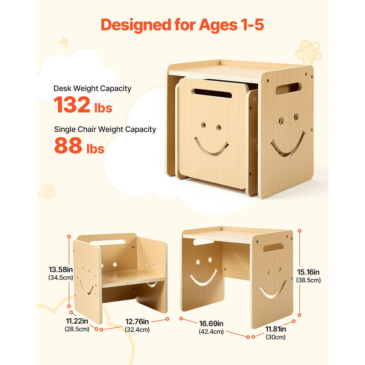 Montessori Weaning Table and Chair Set, Wooden, Kids Table and Chair Set for Toddlers 1-5, Step Stool with Whiteboard and 3 Heights Adjustable, Easy to Clean, for Eating Drawing Reading Playing
