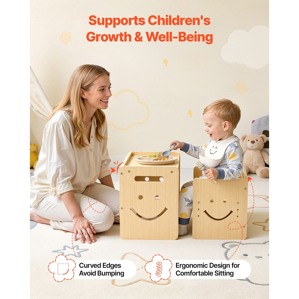 Montessori Weaning Table and Chair Set, Wooden, Kids Table and Chair Set for Toddlers 1-5, Step Stool with Whiteboard and 3 Heights Adjustable, Easy to Clean, for Eating Drawing Reading Playing