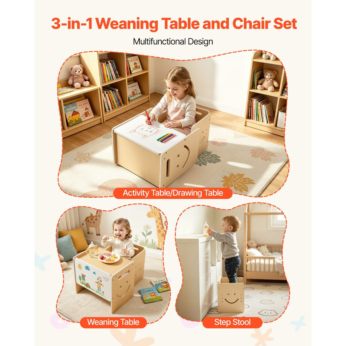 Montessori Weaning Table and Chair Set, Wooden, Kids Table and Chair Set for Toddlers 1-5, Step Stool with Whiteboard and 3 Heights Adjustable, Easy to Clean, for Eating Drawing Reading Playing