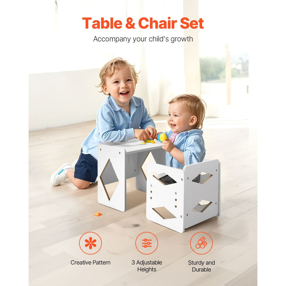 Montessori Weaning Table and Chair Set, Wooden Toddler Table and Chair Set for Aged 1-5, Adjustable Height Kids Montessori Chair and Activity Table, Ideal for Reading, Eating, Playing - White