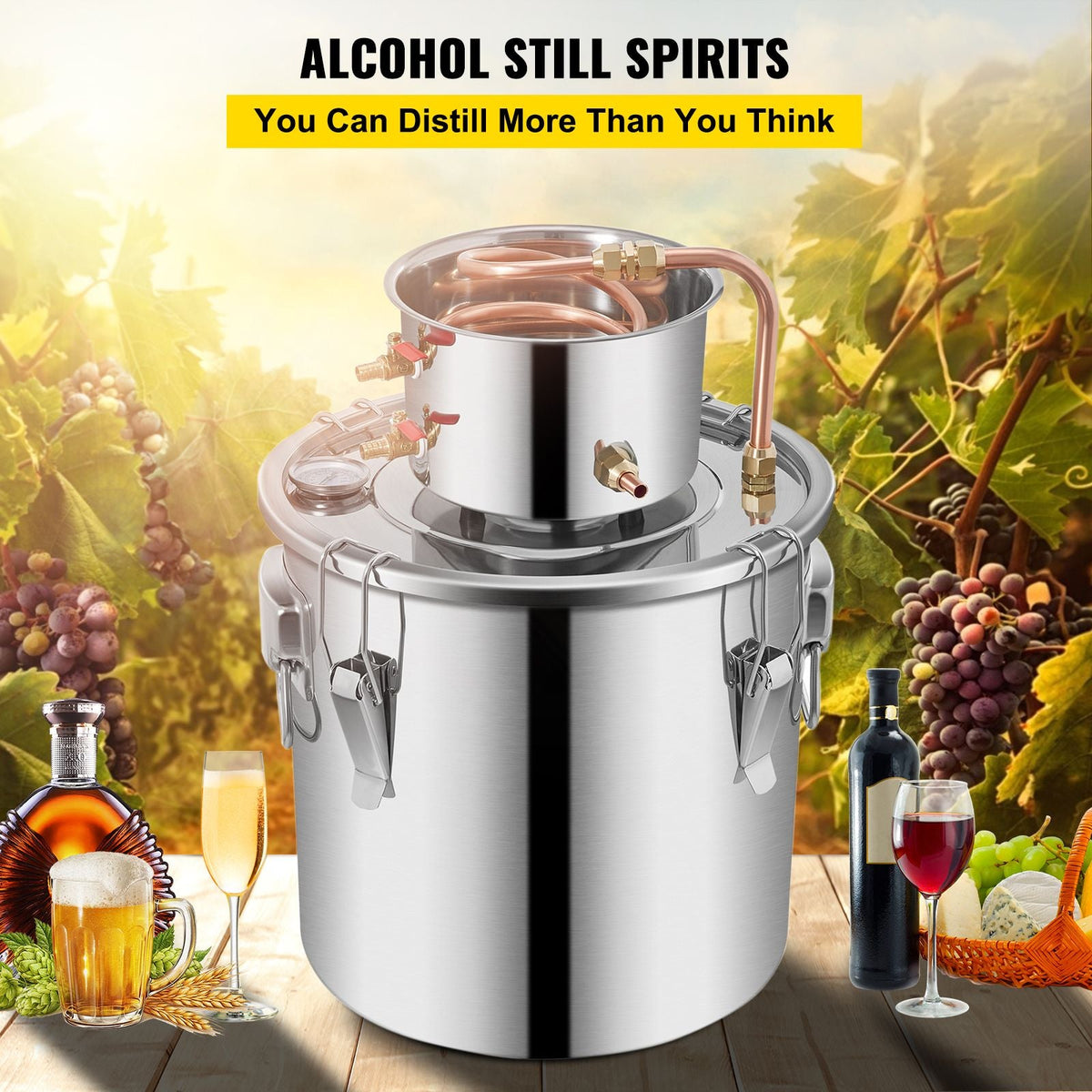 Moonshine Still 9.6Gal 38L Stainless Steel Water Alcohol Distiller Copper Tube Home Brewing Kit Build-in Thermometer for DIY Whisky Wine Brandy, Sliver