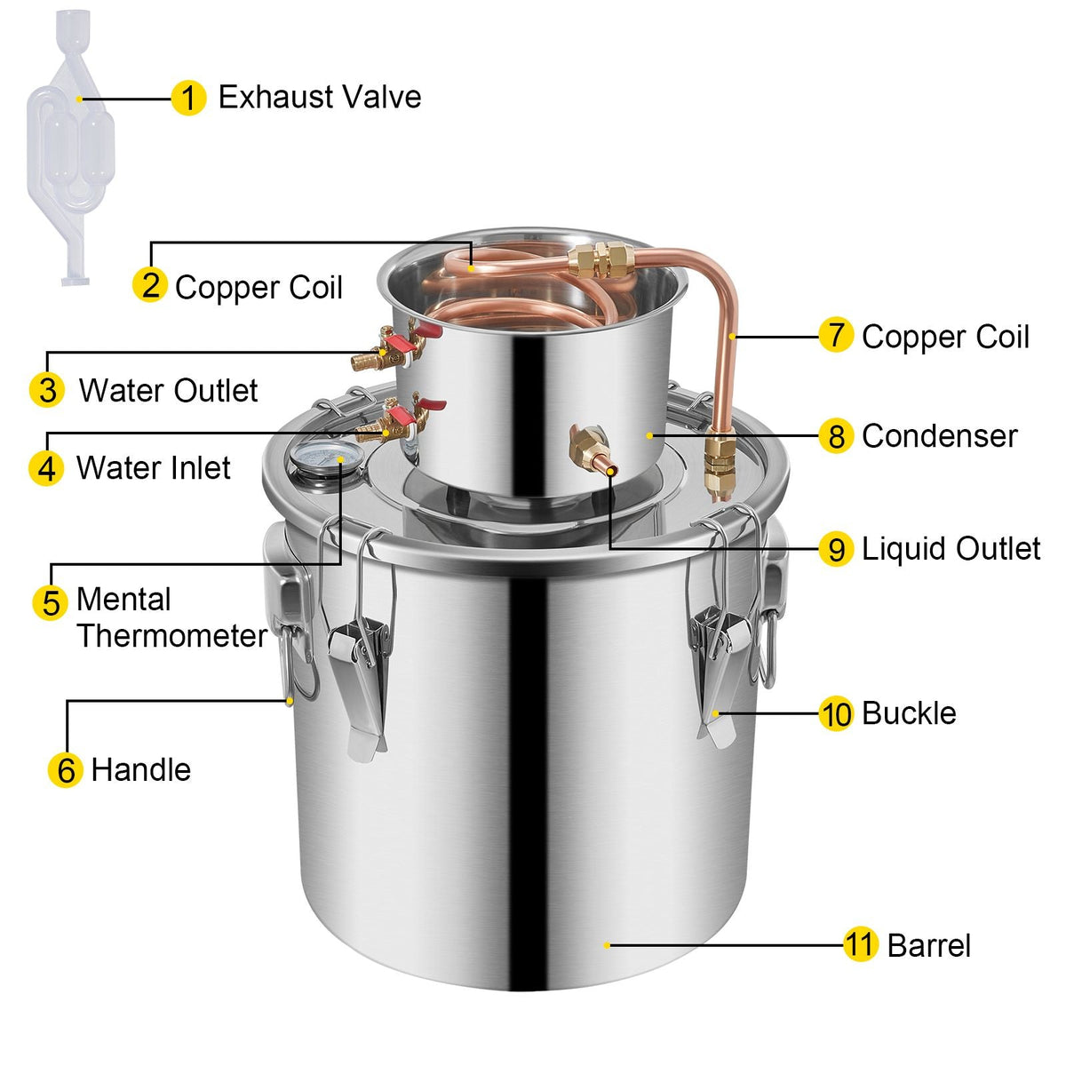 Moonshine Still 9.6Gal 38L Stainless Steel Water Alcohol Distiller Copper Tube Home Brewing Kit Build-in Thermometer for DIY Whisky Wine Brandy, Sliver