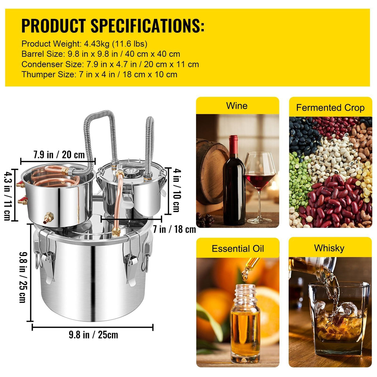 Moonshine Still Distiller 3Gal 12L Stainless Steel Water Distiller Copper Tube with Circulating Pump Home Brewing Kit Build-in Thermometer for DIY Whisky Wine Brandy Spirits