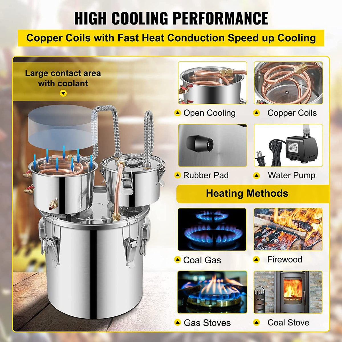 Moonshine Still Stainless Steel Water Alcohol Distiller Copper Tube With Circulating Pump Home Brewing Kit Build-in Thermometer for DIY Whisky Wine Brandy Spirits