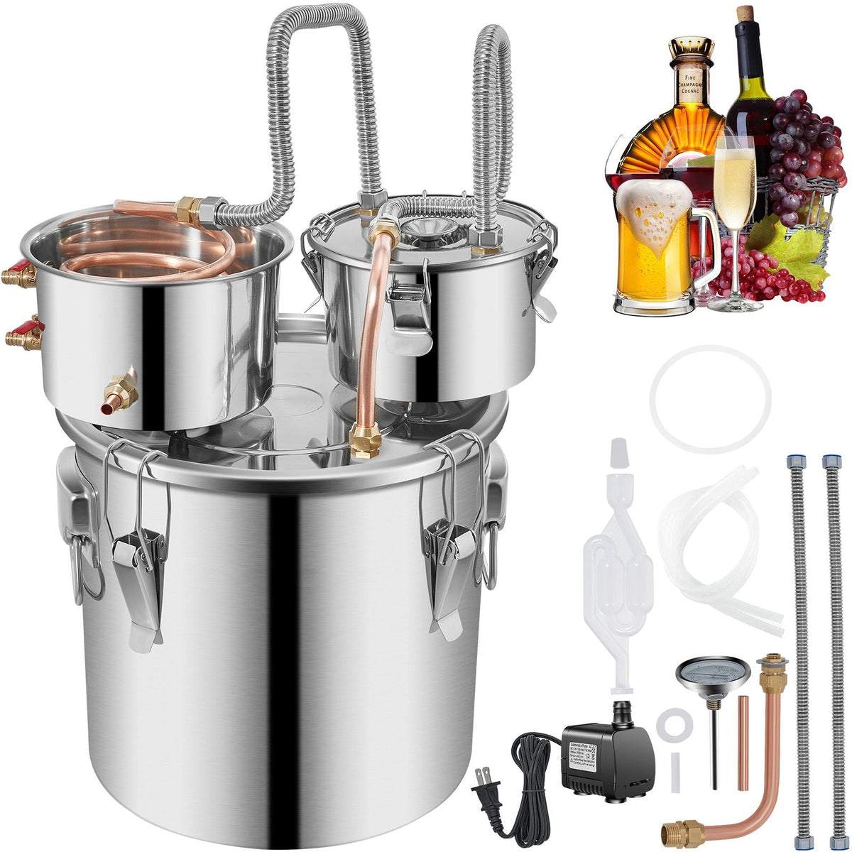 Moonshine Still Stainless Steel Water Alcohol Distiller Copper Tube With Circulating Pump Home Brewing Kit Build-in Thermometer for DIY Whisky Wine Brandy Spirits