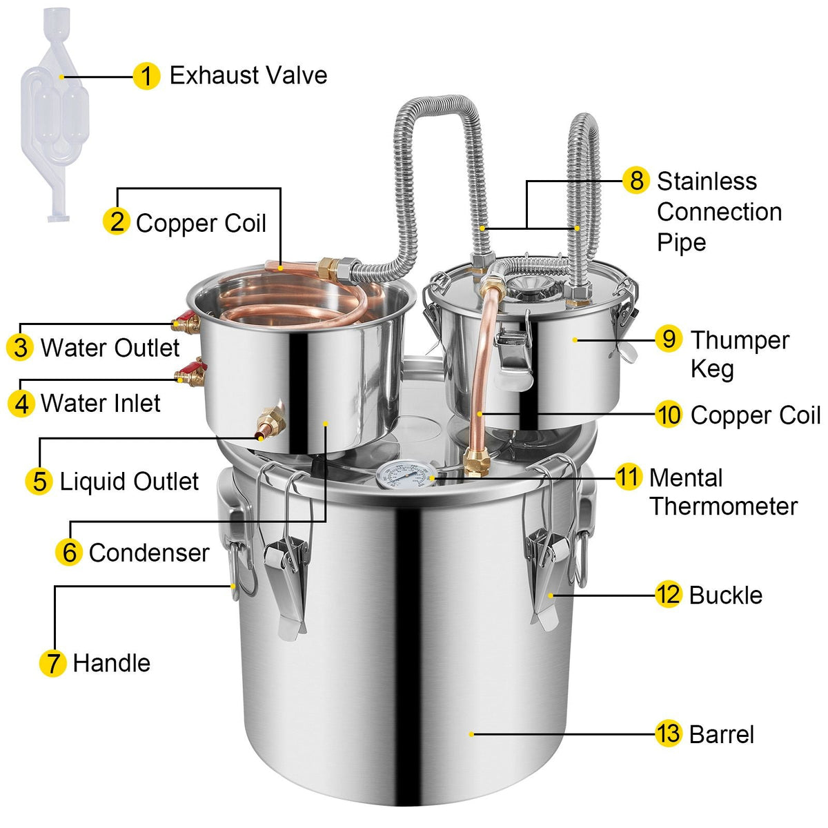 Moonshine Still Stainless Steel Water Alcohol Distiller Copper Tube With Circulating Pump Home Brewing Kit Build-in Thermometer for DIY Whisky Wine Brandy Spirits
