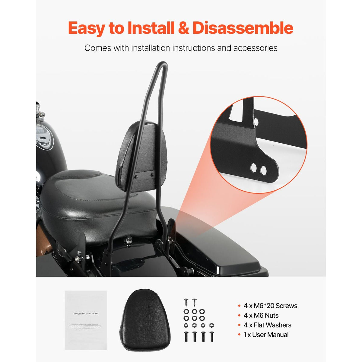 Motorcycle Backrest Sissy Bar, Compatible with Harley-Davidson Dyna Street Glide, Road Glide, and Road King, 29-Inch Height Detachable Passenger Backrest, Black