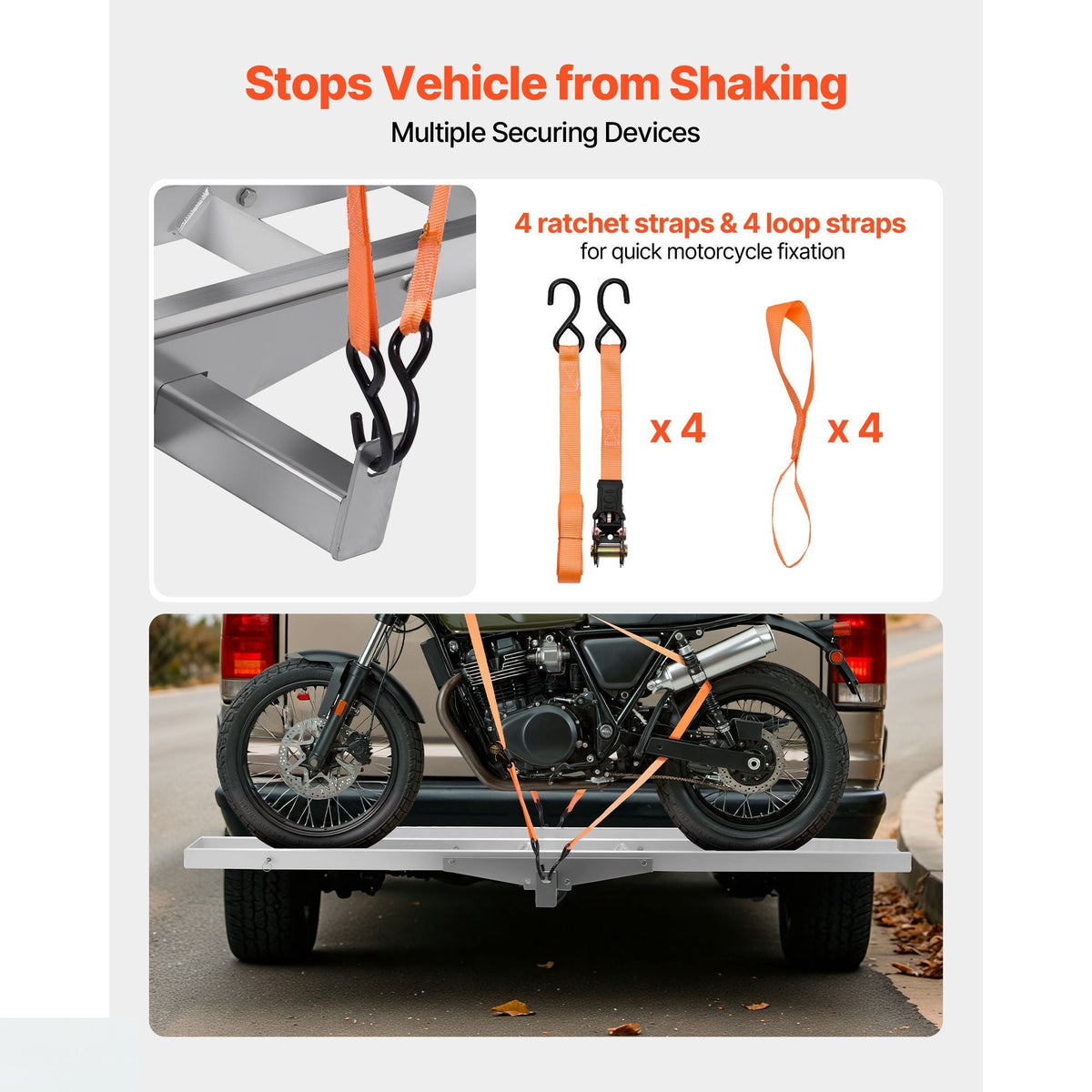 Motorcycle Carrier, 400 lbs Capacity, Heavy Duty Aluminum Hitch Mount Rack with 47in Loading Ramp, Straps & Stabilizer, Scooter Dirt Bike Trailer Hauler for Car Truck with 2-Inch Hitch Receiver