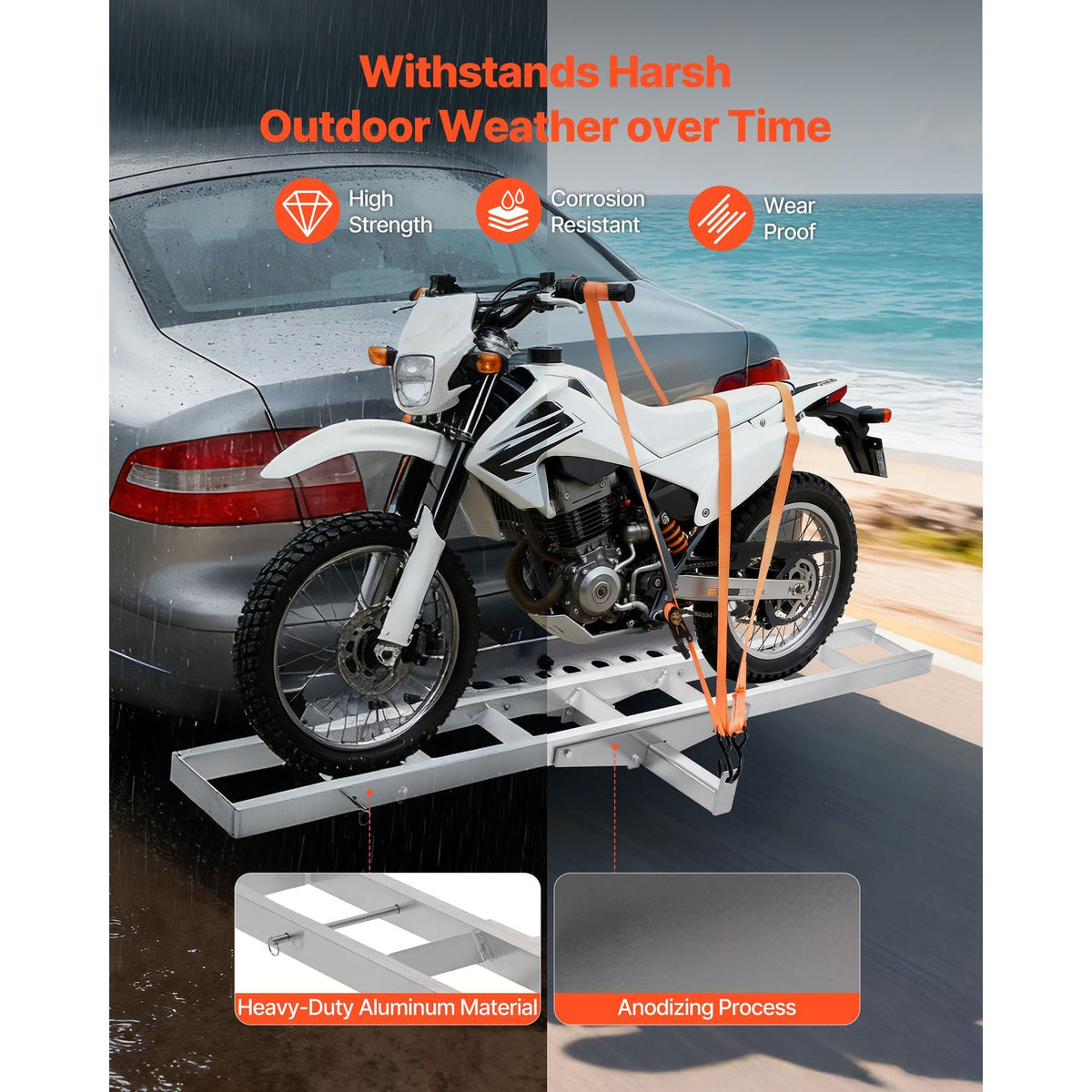 Motorcycle Carrier, 400 lbs Capacity, Heavy Duty Aluminum Hitch Mount Rack with 47in Loading Ramp, Straps & Stabilizer, Scooter Dirt Bike Trailer Hauler for Car Truck with 2-Inch Hitch Receiver