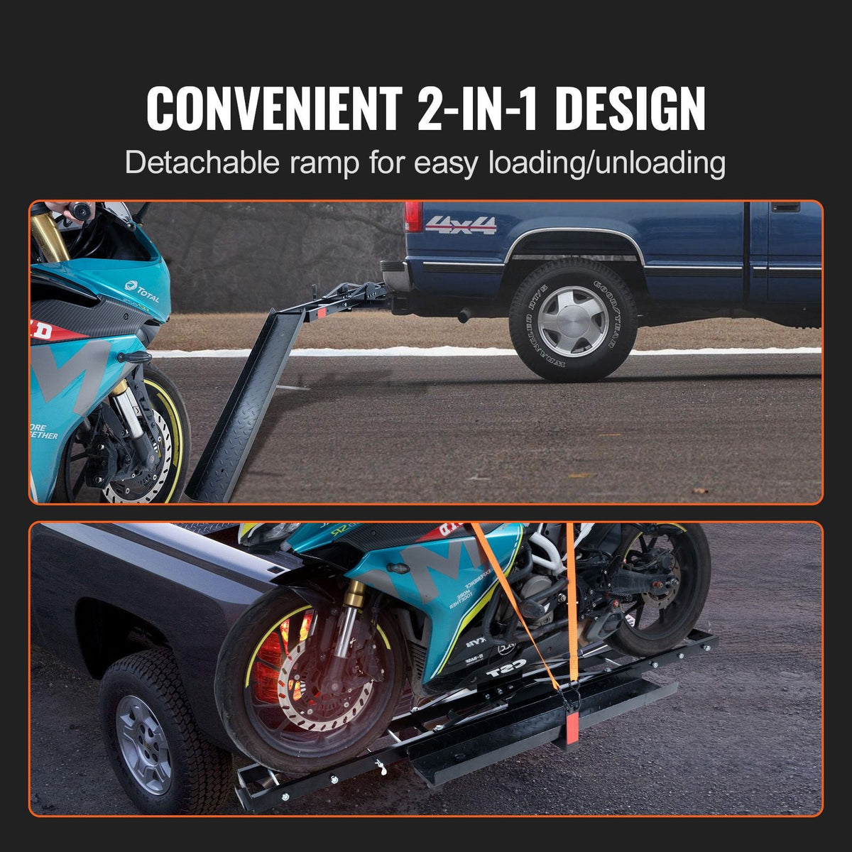 Motorcycle Carrier, 600 LBS Steel Motorcycle Carrier Hitch Mount with Loading Ramp, Scooter Dirt Bike Trailer Hauler with Ratchet Straps and Stabilizer, for Car, Truck with 2" Hitch Receiver