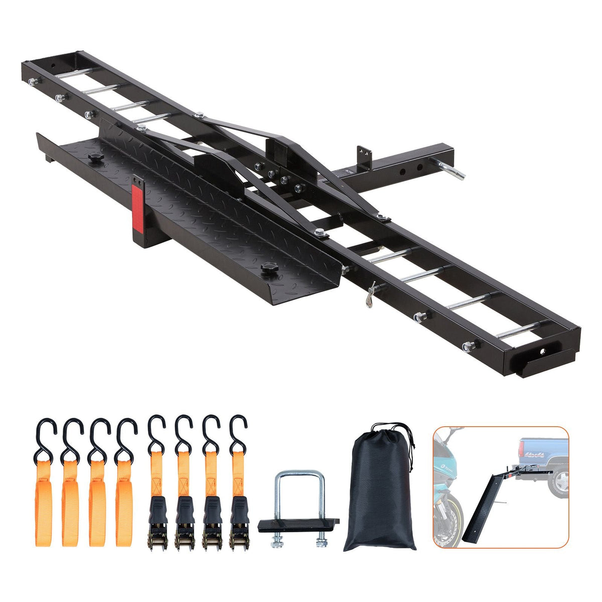 Motorcycle Carrier, 600 LBS Steel Motorcycle Carrier Hitch Mount with Loading Ramp, Scooter Dirt Bike Trailer Hauler with Ratchet Straps and Stabilizer, for Car, Truck with 2" Hitch Receiver
