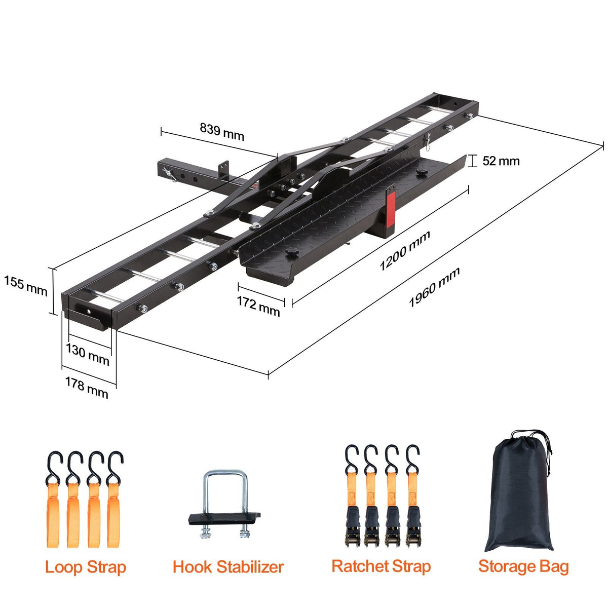 Motorcycle Carrier, 600 LBS Steel Motorcycle Carrier Hitch Mount with Loading Ramp, Scooter Dirt Bike Trailer Hauler with Ratchet Straps and Stabilizer, for Car, Truck with 2" Hitch Receiver