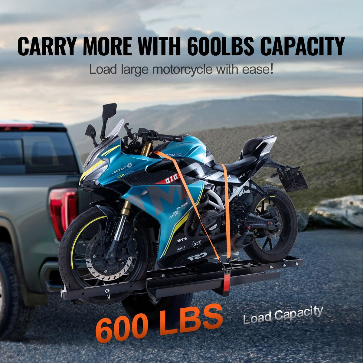 Motorcycle Carrier, 600 LBS Steel Motorcycle Carrier Hitch Mount with Loading Ramp, Scooter Dirt Bike Trailer Hauler with Ratchet Straps and Stabilizer, for Car, Truck with 2" Hitch Receiver