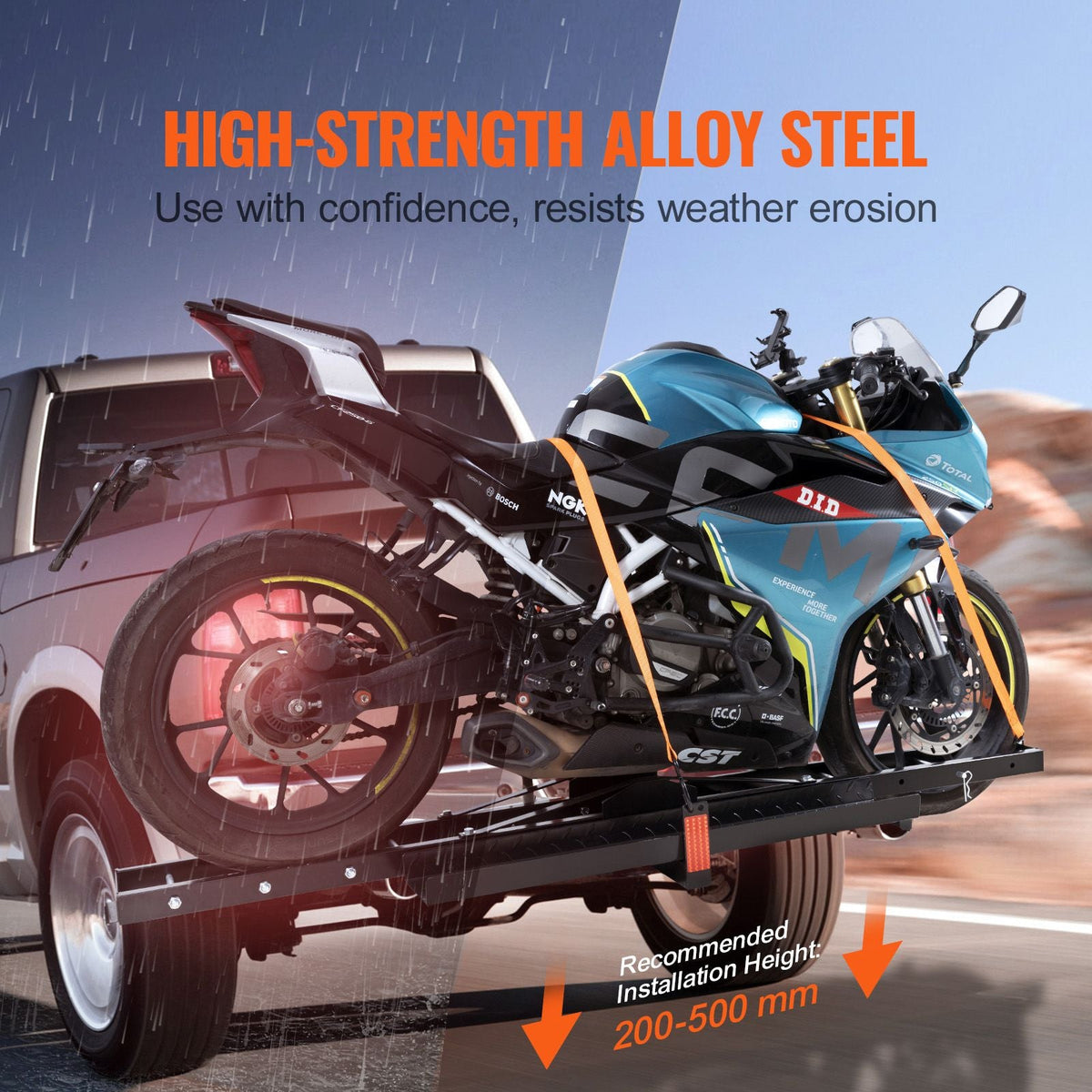 Motorcycle Carrier, 600 LBS Steel Motorcycle Carrier Hitch Mount with Loading Ramp, Scooter Dirt Bike Trailer Hauler with Ratchet Straps and Stabilizer, for Car, Truck with 2" Hitch Receiver