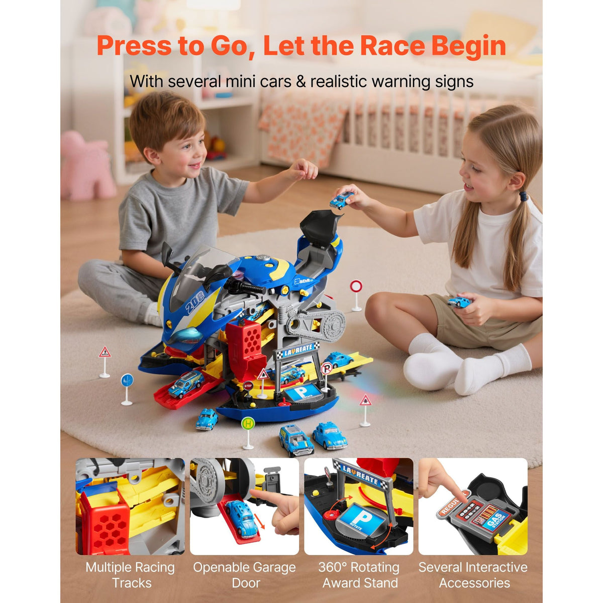 Motorcycle Engine Toy, 25 Pieces, Motorcycle Mechanic Toy with Removable Parts, Lights & Sounds, Simulated Riding & Track Racing, Kids Mechanic Workshop Set for Toddler 3 Years and Up, Blue