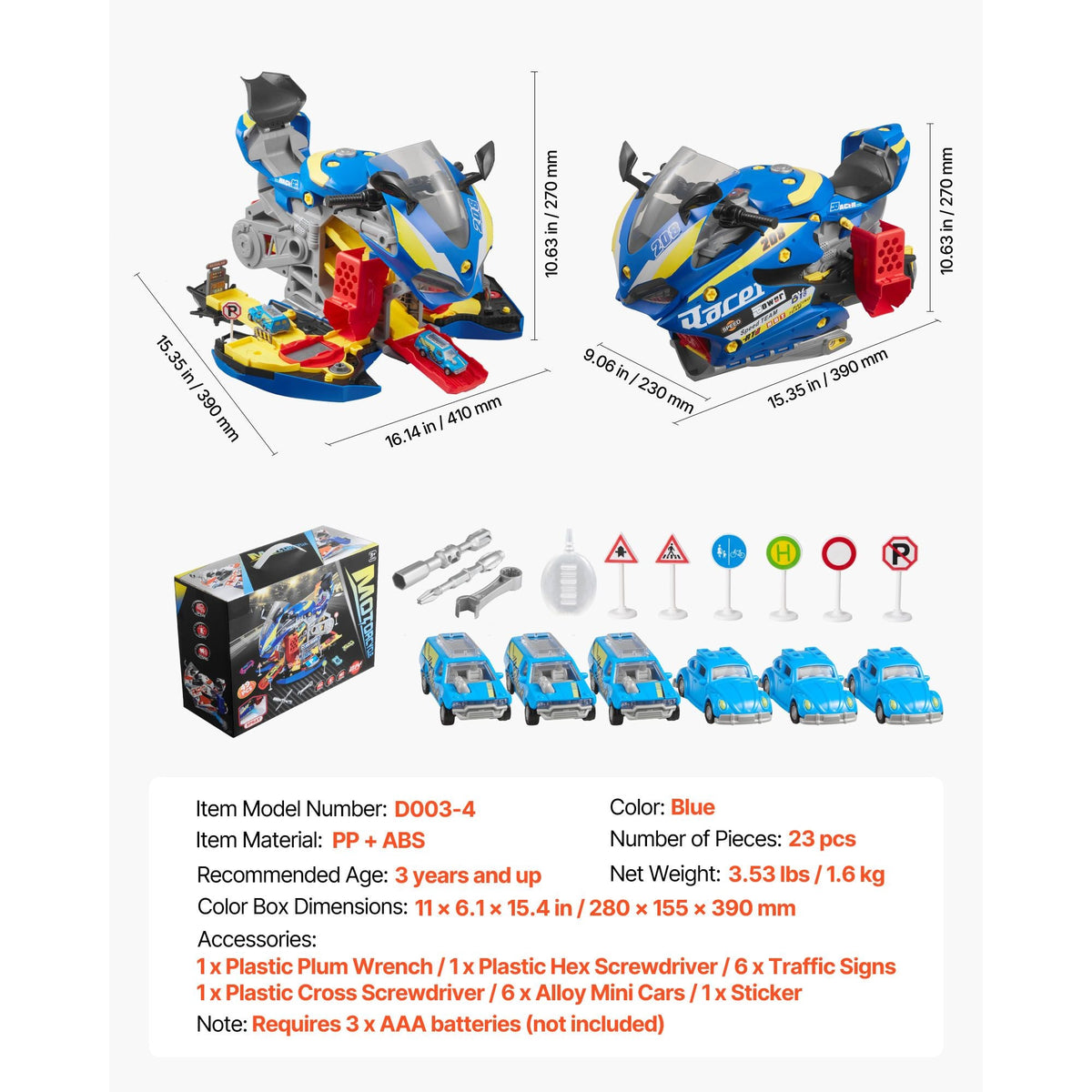 Motorcycle Engine Toy, 25 Pieces, Motorcycle Mechanic Toy with Removable Parts, Lights & Sounds, Simulated Riding & Track Racing, Kids Mechanic Workshop Set for Toddler 3 Years and Up, Blue