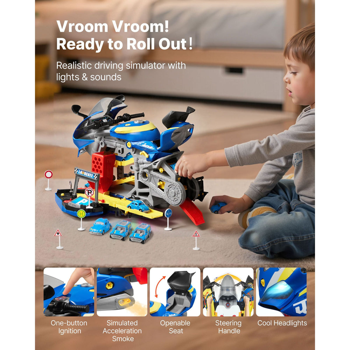 Motorcycle Engine Toy, 25 Pieces, Motorcycle Mechanic Toy with Removable Parts, Lights & Sounds, Simulated Riding & Track Racing, Kids Mechanic Workshop Set for Toddler 3 Years and Up, Blue