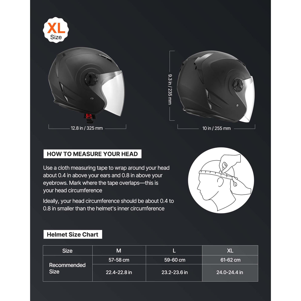Motorcycle Helmet, 3/4 Open Face, Adult Motocross Dirt Bike Helmet with Clear Visor, Comfortable Motorbike Racing Street with Detachable Liner for Men & Women, DOT Approved, (Matte Black, XL)
