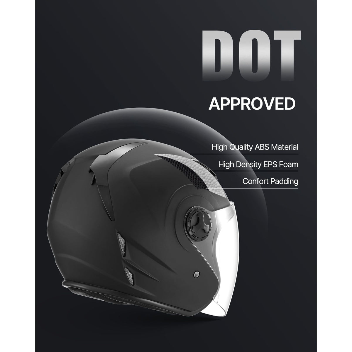 Motorcycle Helmet, 3/4 Open Face, Adult Motocross Dirt Bike Helmet with Clear Visor, Comfortable Motorbike Racing Street with Detachable Liner for Men & Women, DOT Approved, (Matte Black, XL)