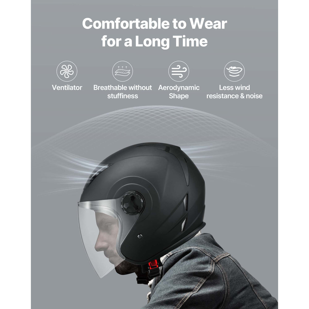 Motorcycle Helmet, 3/4 Open Face, Adult Motocross Dirt Bike Helmet with Clear Visor, Comfortable Motorbike Racing Street with Detachable Liner for Men & Women, DOT Approved, (Matte Black, XL)