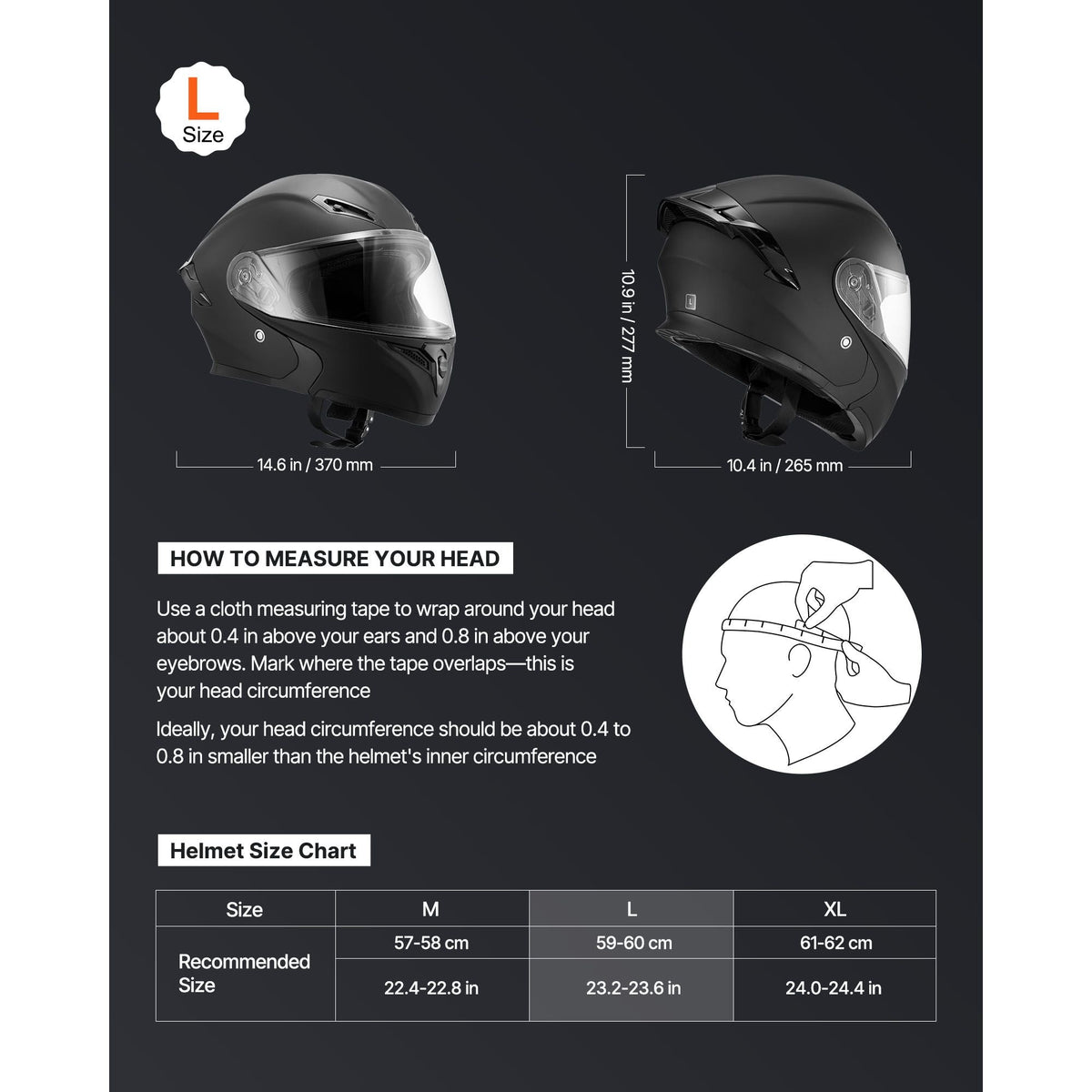 Motorcycle Helmet, Modular, Adult Motocross Dirt Bike Helmet with Large Clear Visor, Comfortable Motorbike Racing Street with Detachable Liner for Men & Women, DOT Approved, (Matte Black, L)