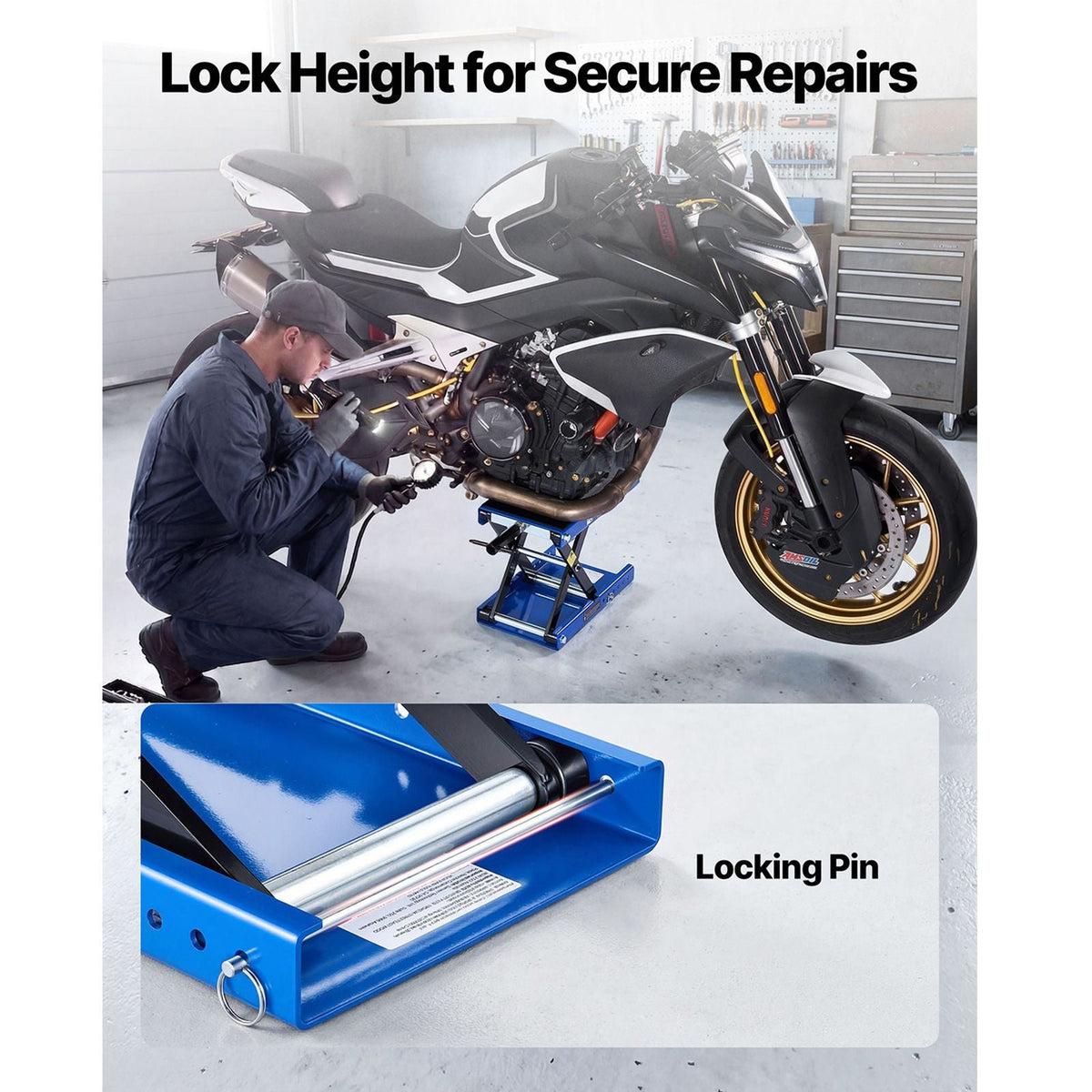 Motorcycle Lift, 1100 lbs Motorcycle Scissor Lift Jack with Wide Deck & Lock Pin, 3.74"-13.38" Center Hoist Crank Stand, Steel Scissor Jack for Street Bikes, Cruiser Bikes, Touring, Blue/Black