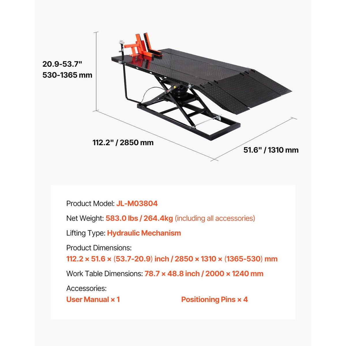 Motorcycle Lift Table, 1500lbs Weight Capacity, Pneumatic Motorcycle Jack, 8.6-31 in Height Range, Heavy Duty Bike Repair Stand with Removable Workbench, Repair Platform for ATVs, Dirt Bike