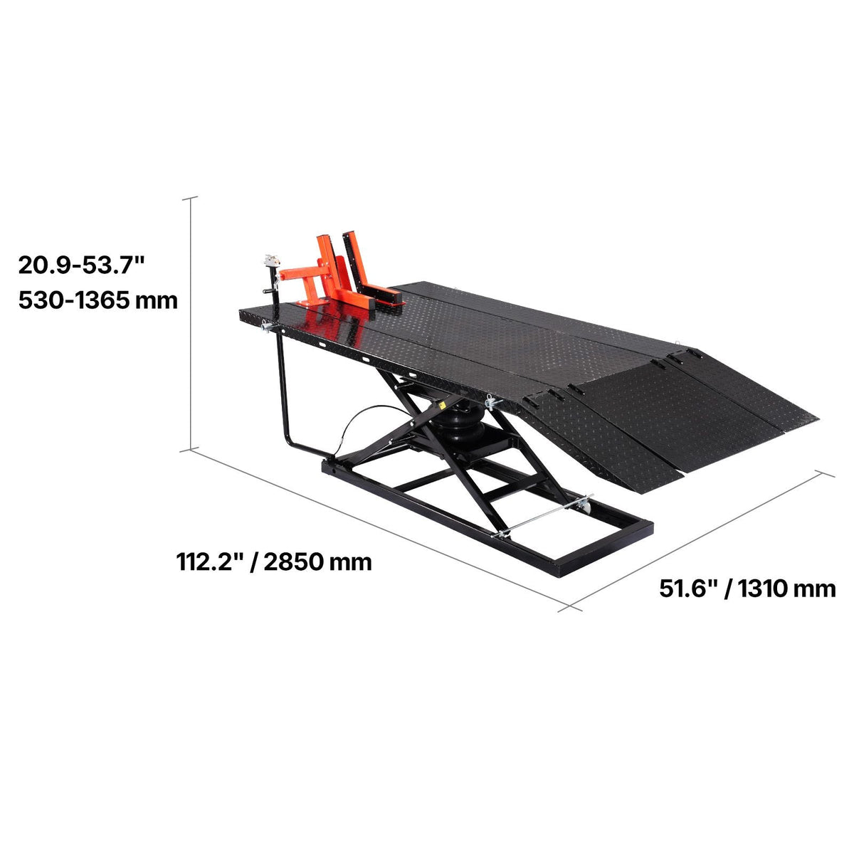 Motorcycle Lift Table, 1500lbs Weight Capacity, Pneumatic Motorcycle Jack, 8.6-31 in Height Range, Heavy Duty Bike Repair Stand with Removable Workbench, Repair Platform for ATVs, Dirt Bike