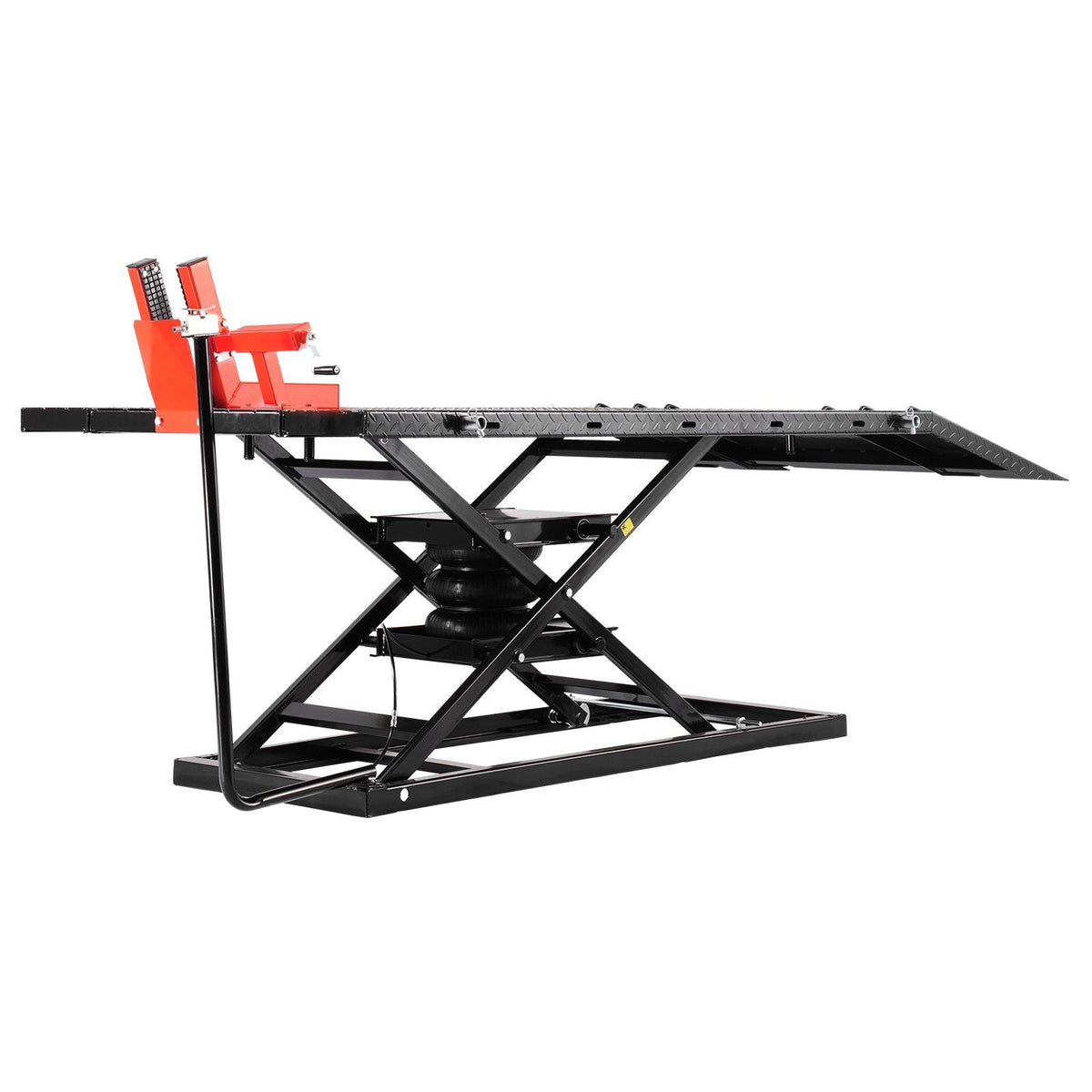 Motorcycle Lift Table, 1500lbs Weight Capacity, Pneumatic Motorcycle Jack, 8.6-31 in Height Range, Heavy Duty Bike Repair Stand with Removable Workbench, Repair Platform for ATVs, Dirt Bike