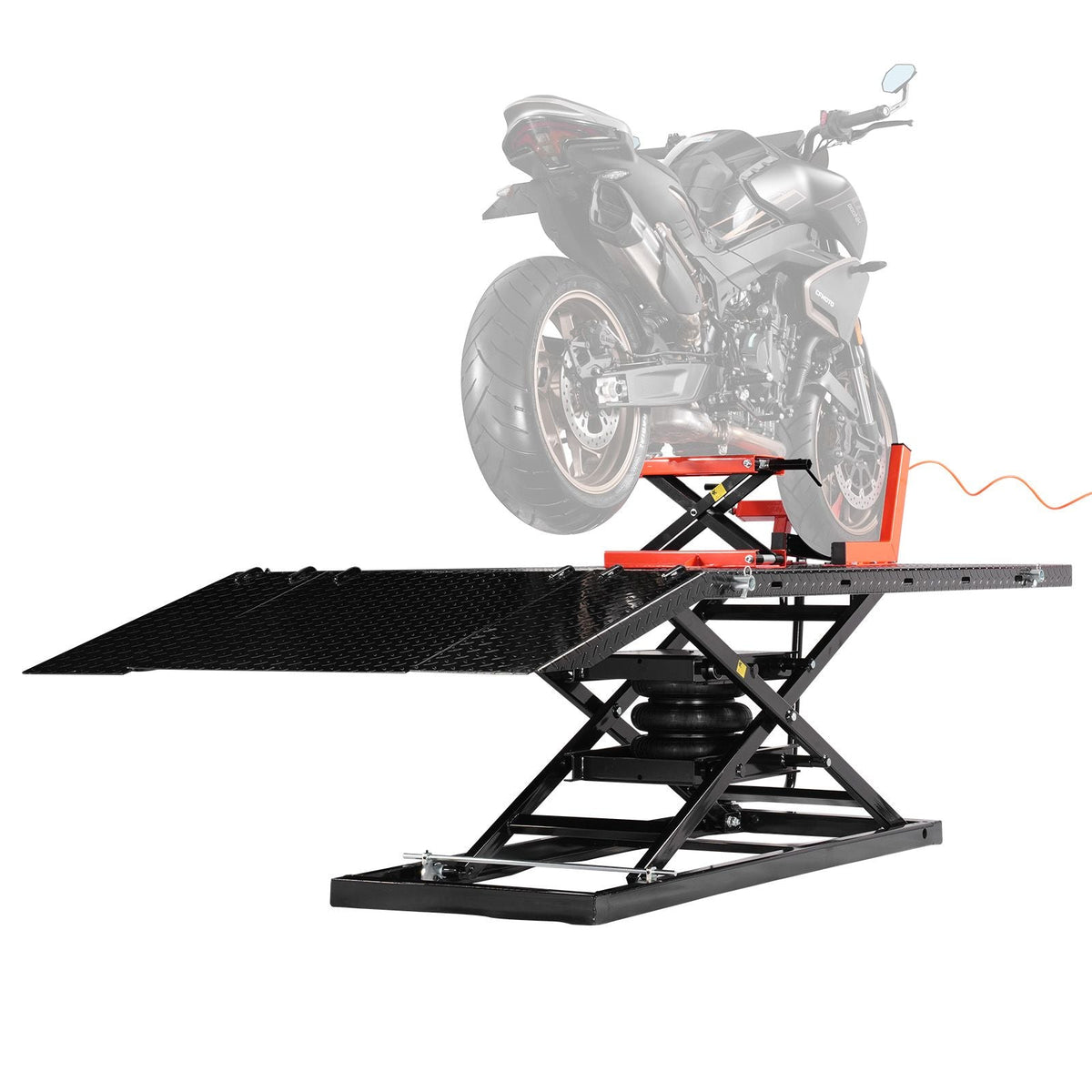 Motorcycle Lift Table, 1500lbs Weight Capacity, Pneumatic Motorcycle Jack, 8.6-31 in Height Range, Heavy Duty Bike Repair Stand with Removable Workbench, Repair Platform for ATVs, Dirt Bike