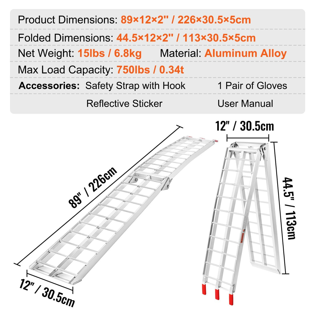 Motorcycle Ramp, 750lbs Folding Loading Ramp for Pickup Trucks Bed, Trailers Ramp with Load Straps for Motorcycle, Dirt Bike, UTV, Lawn Mower, Truck, Snowblower, Cargo Trailer, 89"L x 12"W,1Pc