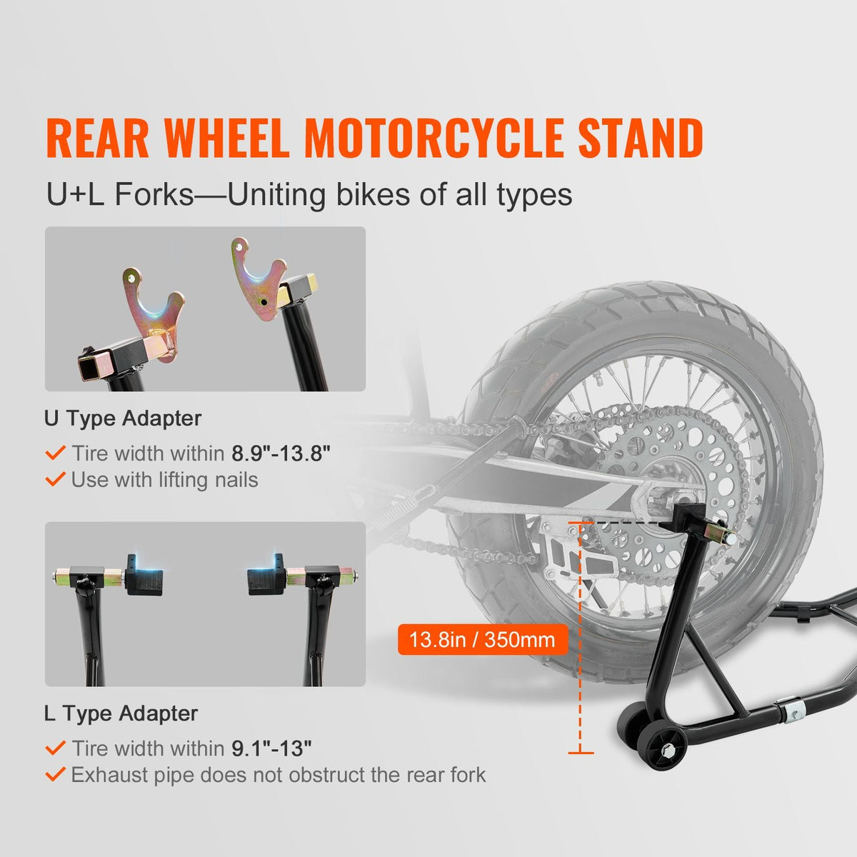 Motorcycle Rear Wheel Stand, with U + L Fork Swingarm Spool, 850 lbs Capacity Heavy Duty Rear Wheel Stand Motorcycle Lift Jack Stand, for Suzuki Yamaha Honda Kawasaki, Black