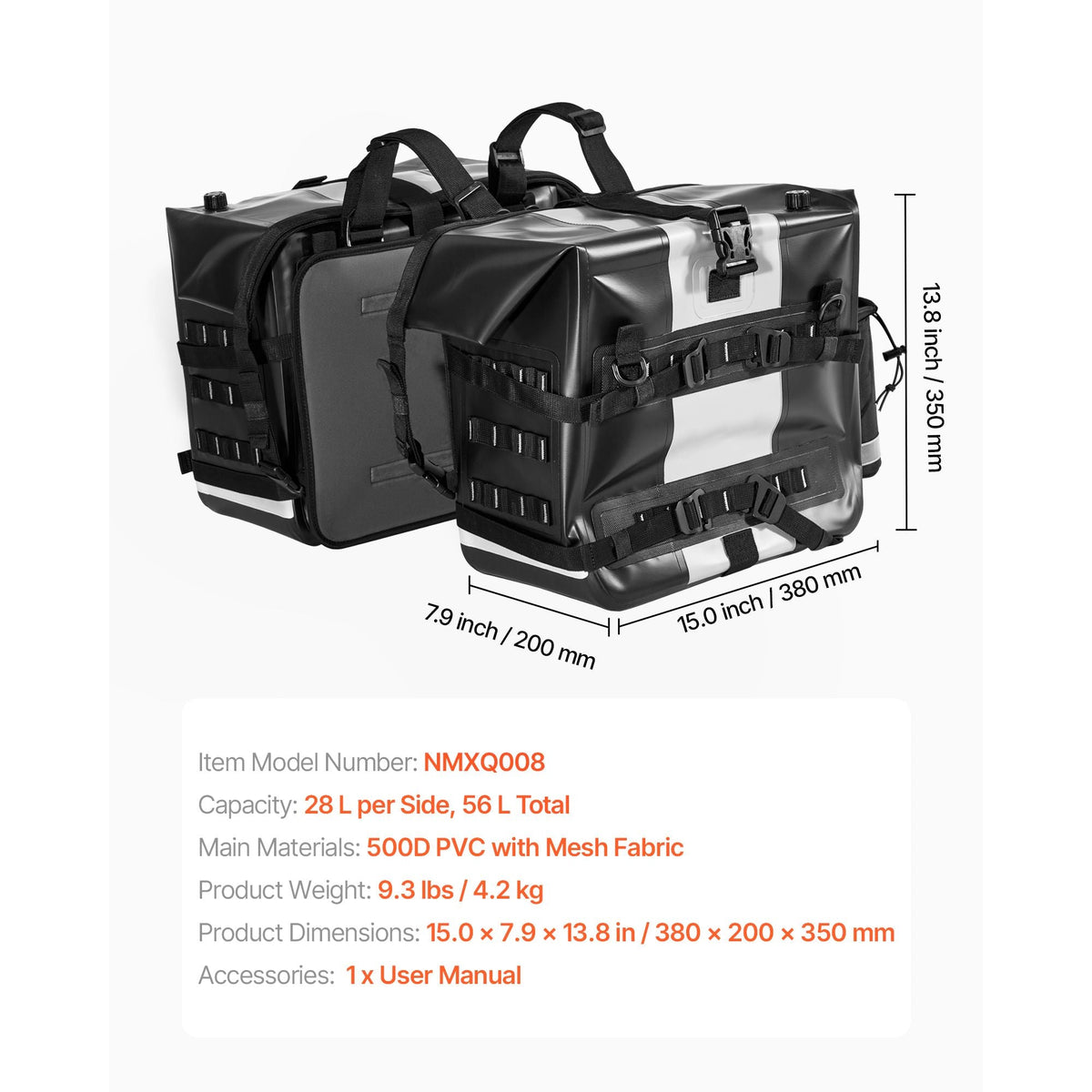 Motorcycle Saddlebag, 56 L (28 L x 2) Large Capacity Side Saddle Bag Compatible with Most Motorcycles, Waterproof Fabric Outdoor Sports Motorbike Luggage Storage with Detachable Inner Bag, Black