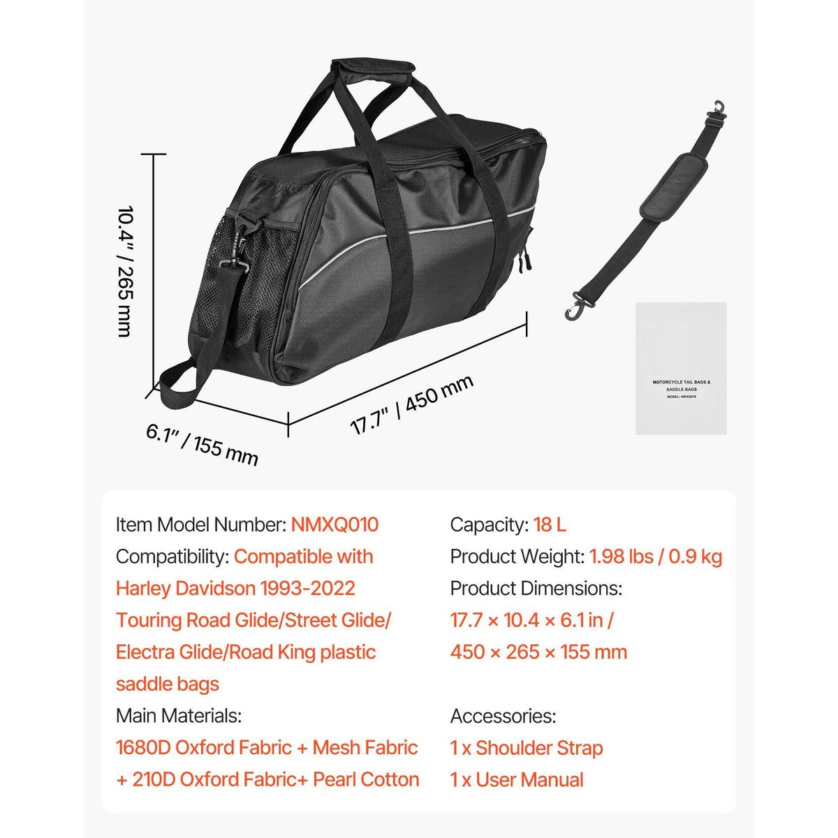 Motorcycle Saddlebag Liner Bag, 18 L Insert Storage Travel Luggage Bag Organizer, Compatible with Harley Davidson 1993-2022 Touring Road/Street Glide/Electra Glide/Road King Saddlebag, Black