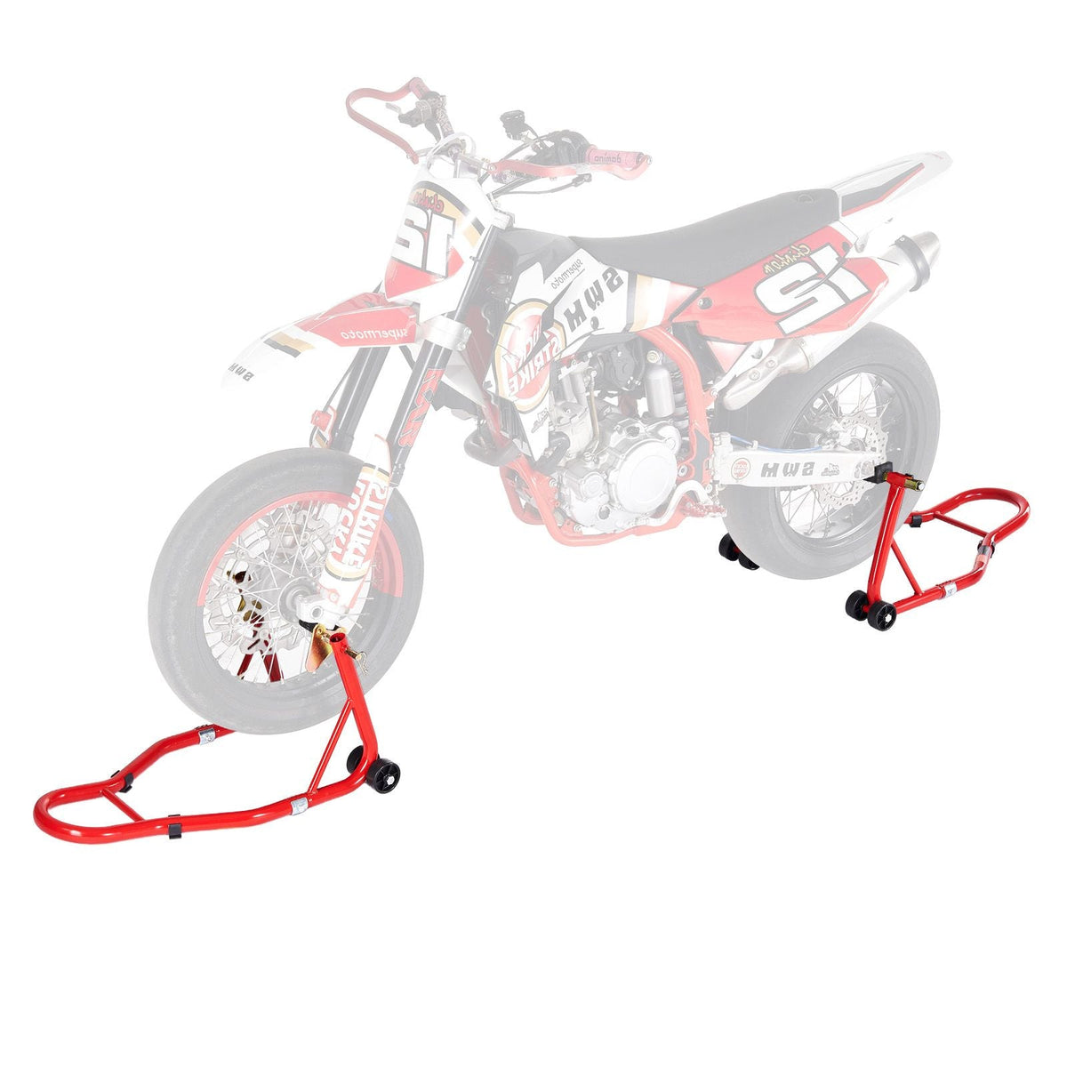 Motorcycle Stand Lift, 850lbs Capacity Front Rear Combo Stand Lift, Front Wheel Dual-Fork Stand, Rear U+L Fork Swingarm Spool Stand, for Most Yamaha Honda Kawasaki Suzuki Motorcycles, Red