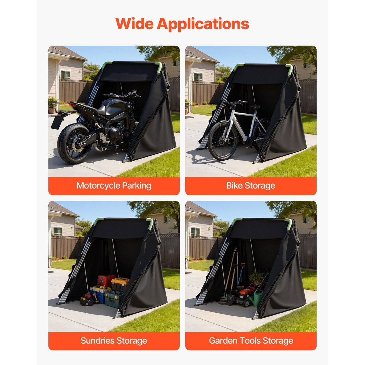 Motorcycle Storage Shelter with Security Lock, 600D Oxford Flip-Up Garage Tent, Heavy-Duty All-Weather Motorcycle Cover with Ventilation Windows, 136x54x75 in Outdoor Vehicle Shelter, Black