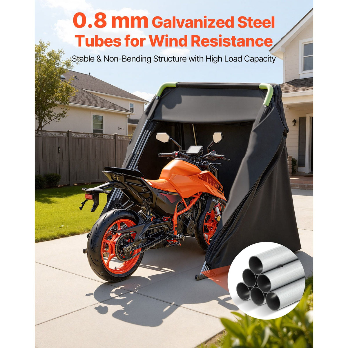 Motorcycle Storage Shelter with Security Lock, 600D Oxford Flip-Up Garage Tent, Heavy-Duty All-Weather Motorcycle Cover with Ventilation Windows, 136x54x75 in Outdoor Vehicle Shelter, Black