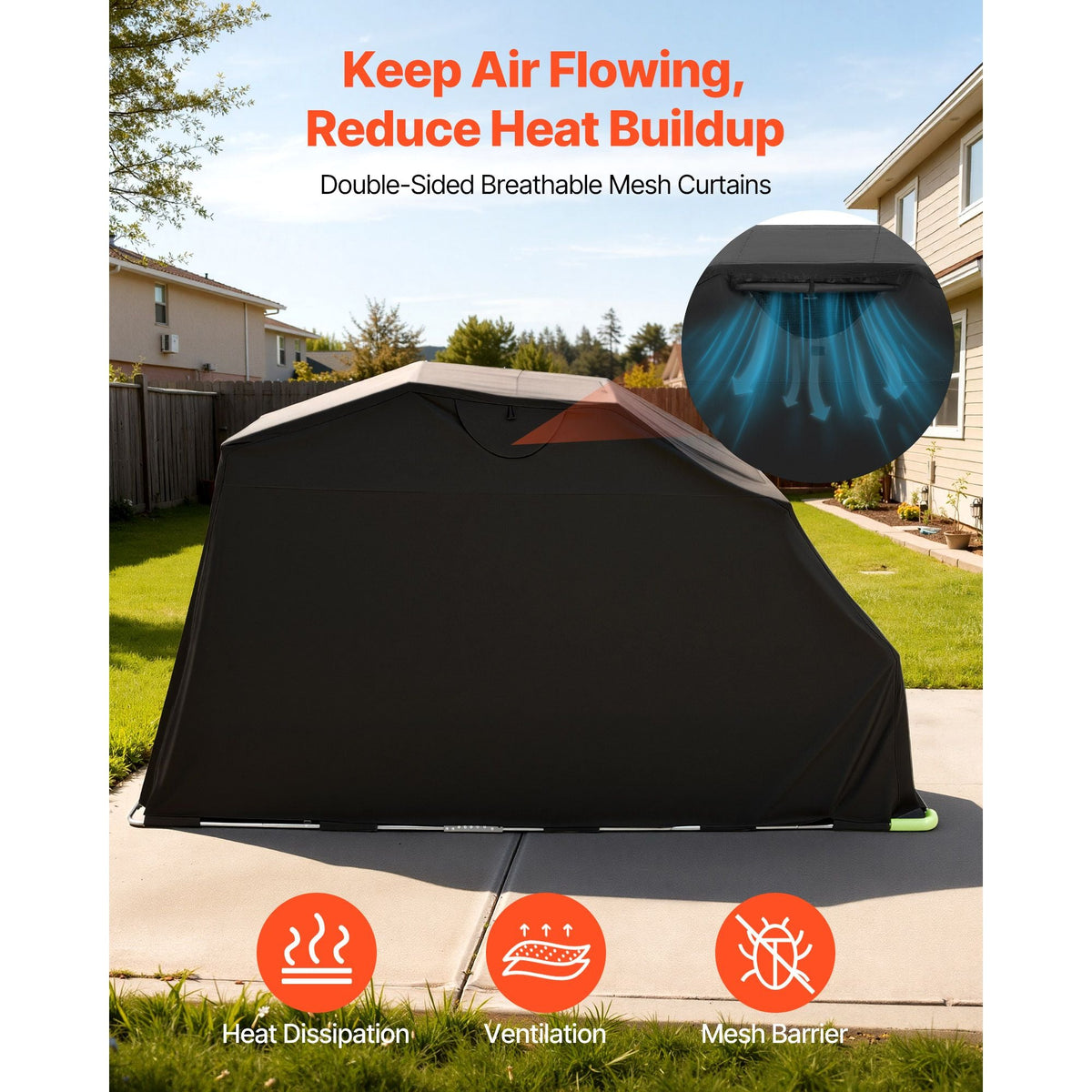 Motorcycle Storage Shelter with Security Lock, 600D Oxford Flip-Up Garage Tent, Heavy-Duty All-Weather Motorcycle Cover with Ventilation Windows, 136x54x75 in Outdoor Vehicle Shelter, Black