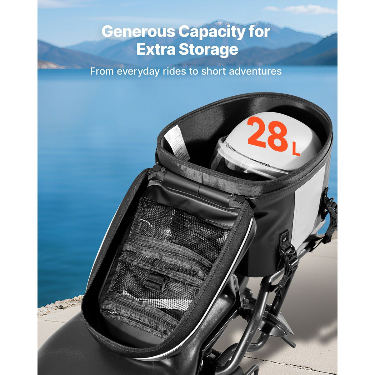 Motorcycle Tail Bag, 28 L Motorcycle Rear Seat Bag with Waterproof Fabric, Outdoor Sports Motorbike Luggage Storage Trunk Handbag with Pocket & Adjustable Buckle, Universal Fit Rear Racks, Black