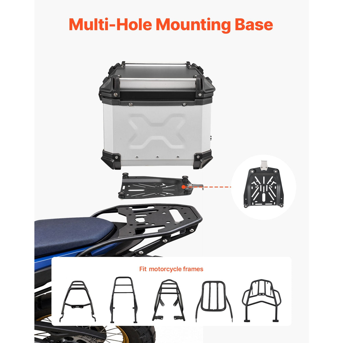 Motorcycle Top Case 55L Universal Aluminum Hard Motorcycle Tail Case, Waterproof Detachable Motorbike Top Box with Security Lock & Leather Liner for Luggage Storage