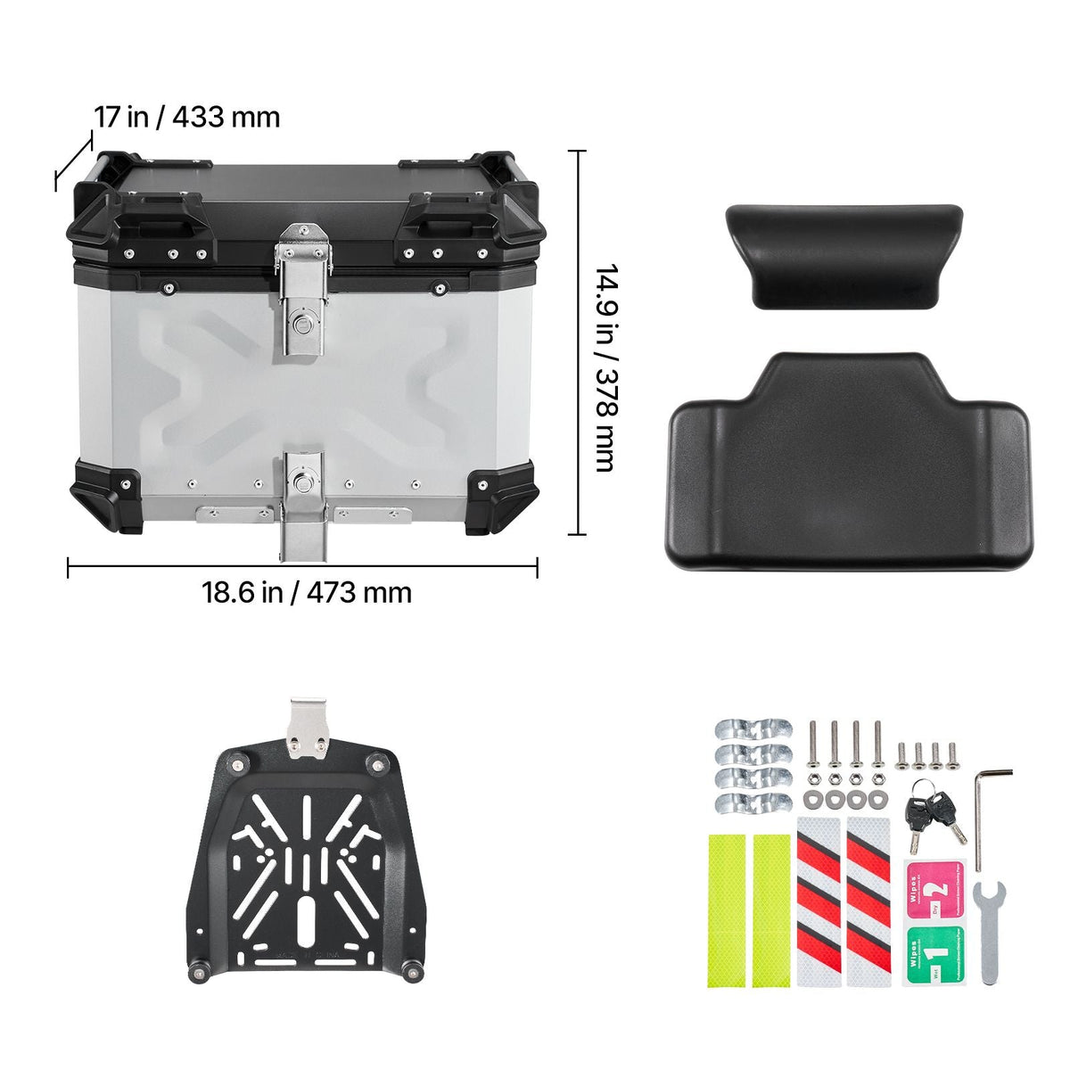 Motorcycle Top Case 55L Universal Aluminum Hard Motorcycle Tail Case, Waterproof Detachable Motorbike Top Box with Security Lock & Leather Liner for Luggage Storage