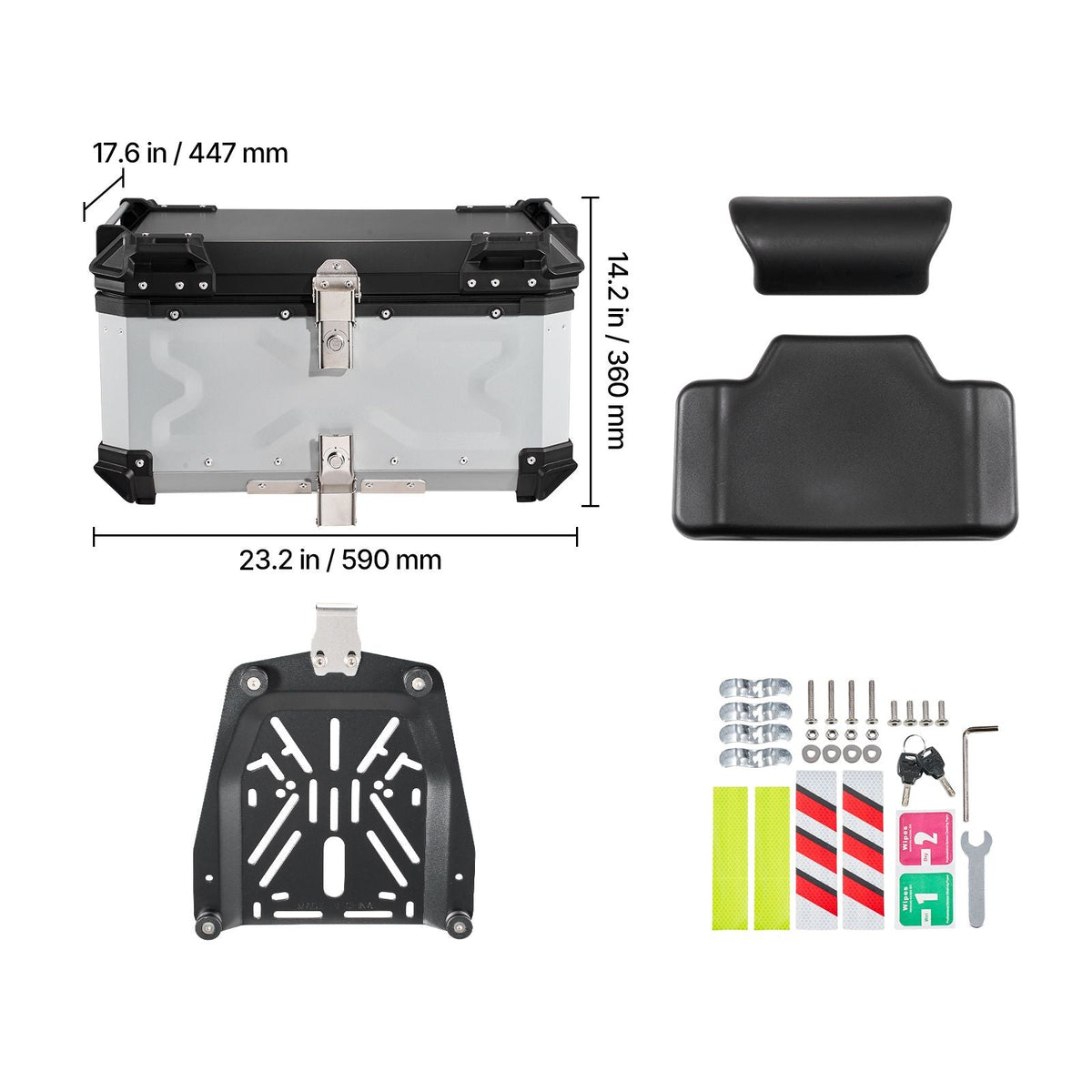 Motorcycle Top Case, 65L Universal Aluminum Hard Motorcycle Tail Case, Waterproof Detachable Motorbike Top Box with Security Lock & Leather Liner for Helmets Storage
