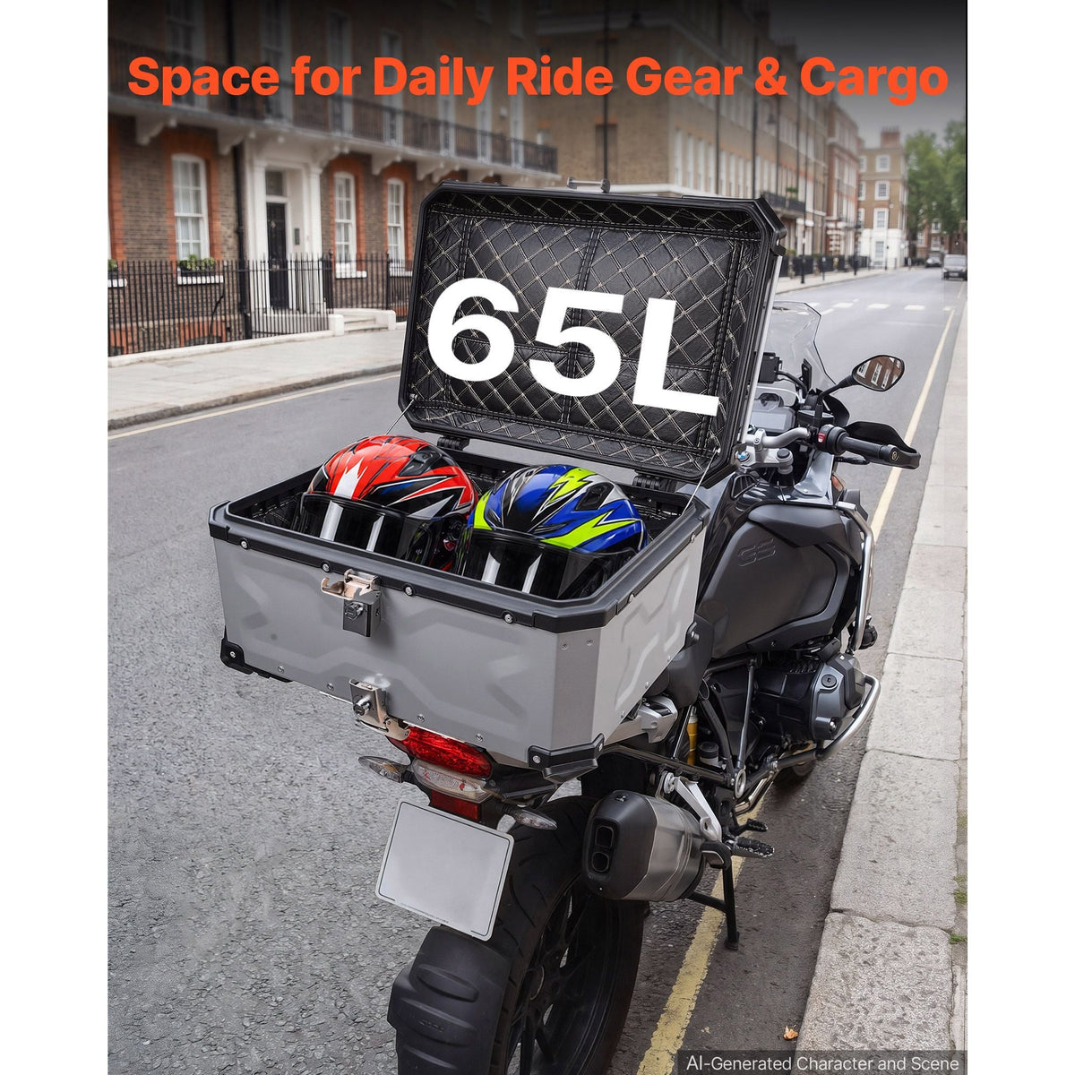 Motorcycle Top Case, 65L Universal Aluminum Hard Motorcycle Tail Case, Waterproof Detachable Motorbike Top Box with Security Lock & Leather Liner for Helmets Storage