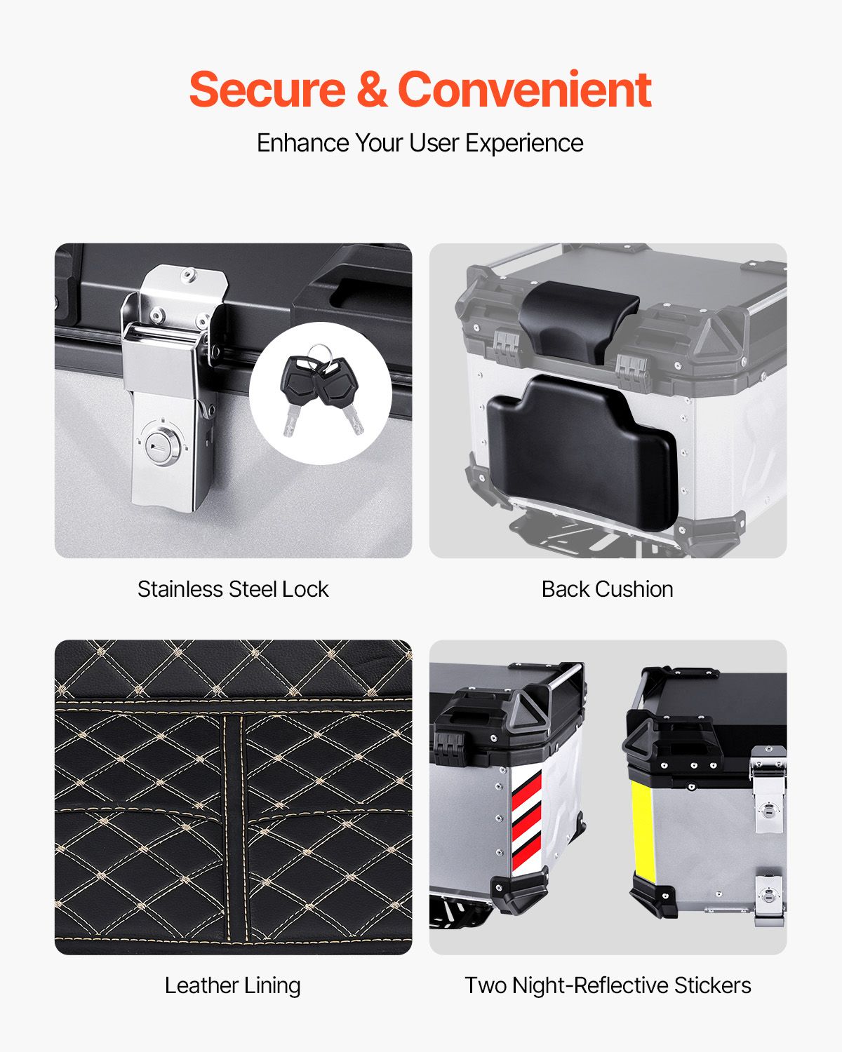 Motorcycle Top Case, Universal Aluminum Alloy Motorbike Tail Box with Leather Lining, 45L Waterproof Detachable Motorcycle Top Box with Lock & Back Cushion, Fit for 99% of Motorcycle Frames